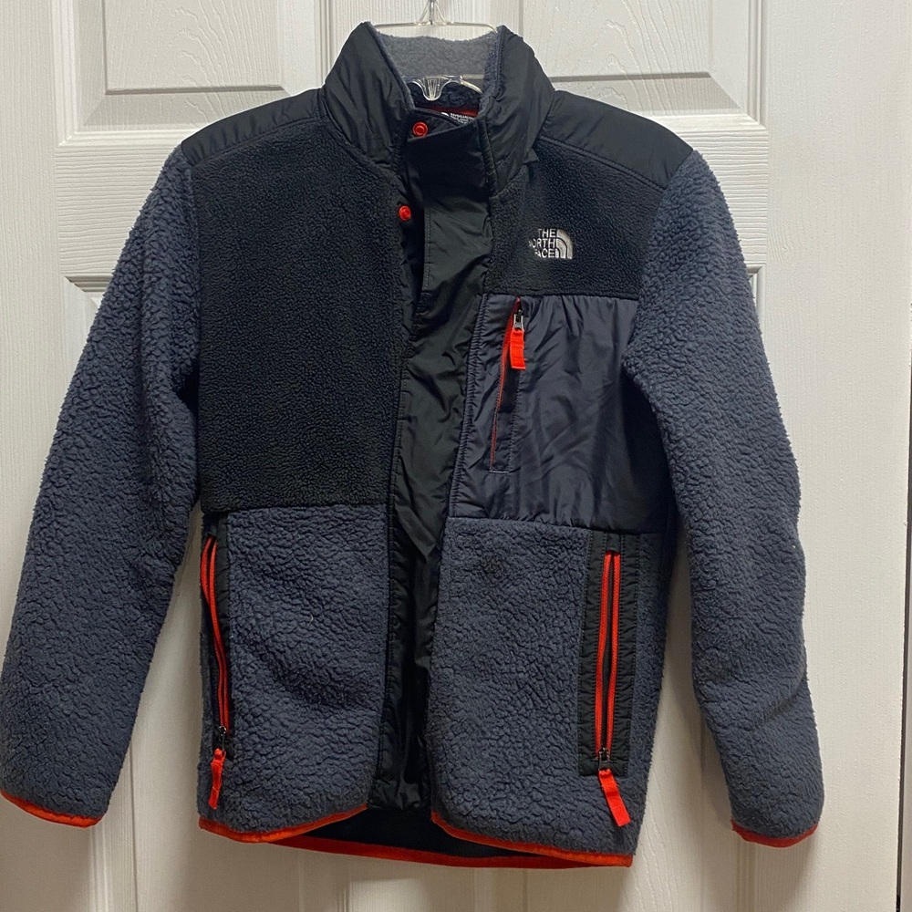 The North Face Black and Charcoal Fleece Jacket with Red Trim